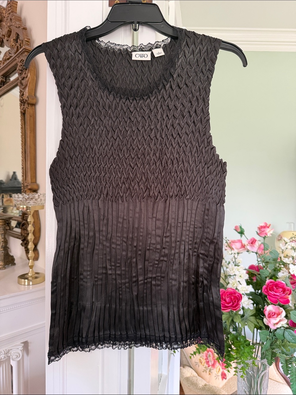 Cato Black Sleeveless Smocked and Pleated Camisole with lace trim, Size Large